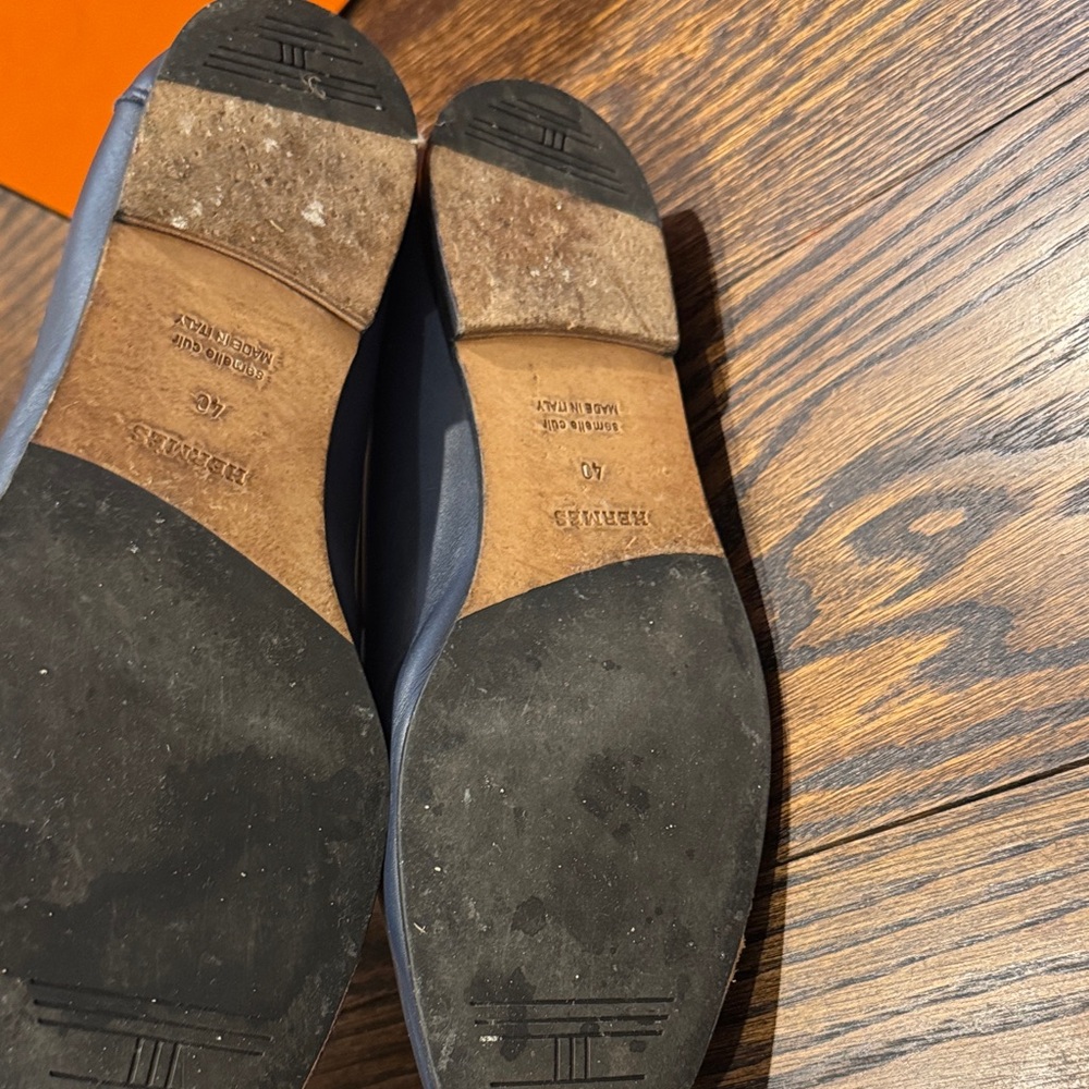 Hermes Colette Navy Blue Loafers with Gold Accent - Picture 7 of 11